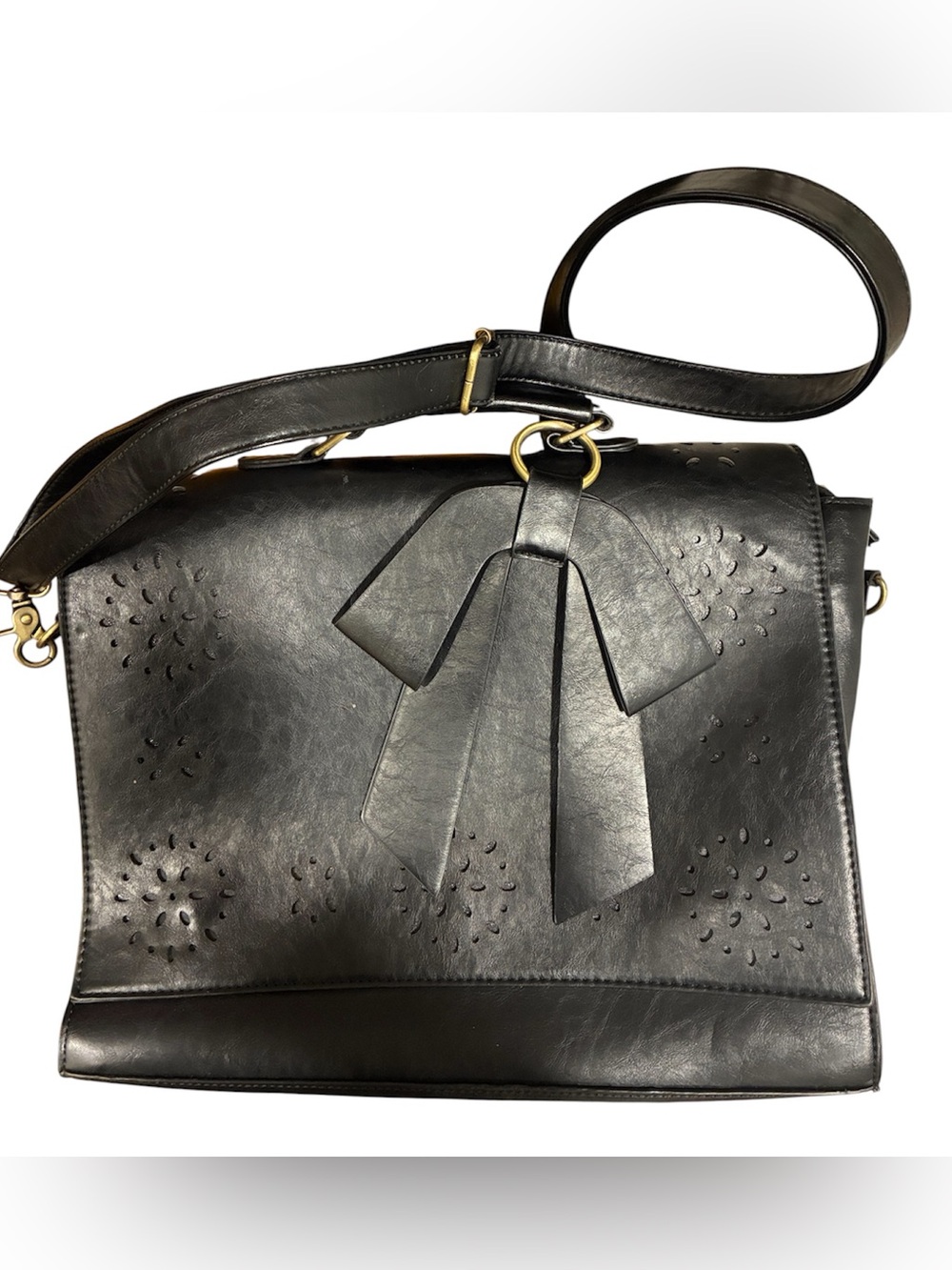 Ecosusi Black Lattice Leather Shoulder Bag With Bow Accent NWOT Padded Handbag